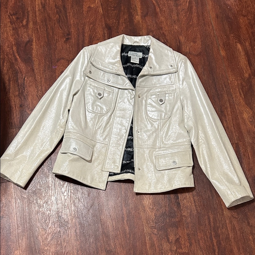 Metallic Cream Faux Leather Jacket – Women's Shiny Moto Style